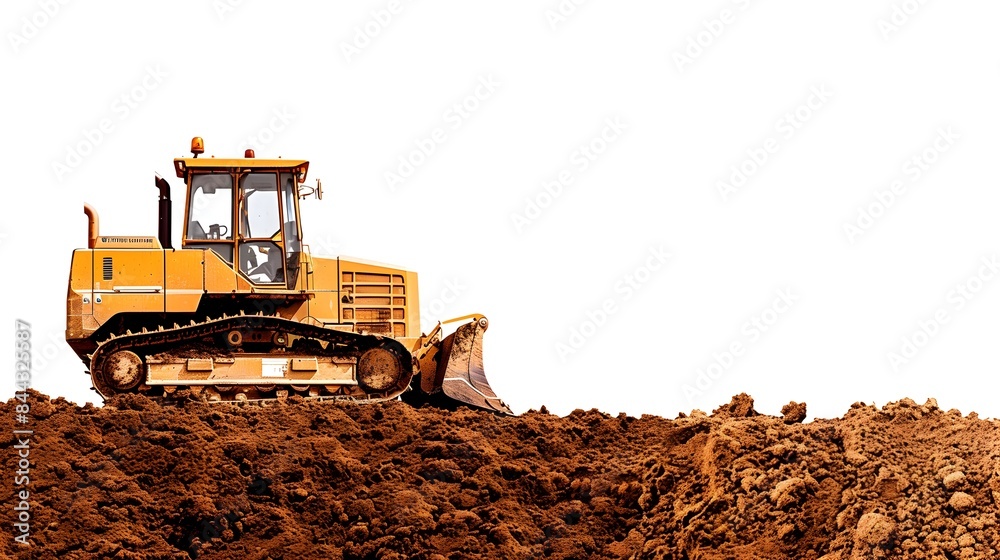 Yellow Bulldozer Excavating Soil at Construction Site with Mountains in Background Yellow Bulldozer Excavating Soil at Construction Site with Mountains in Background