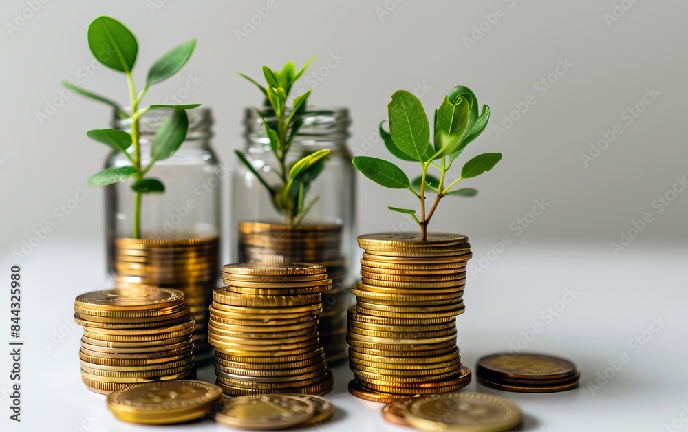 Stacks of coins with small plants growing from them, symbolizing investment growth, financial success, and economic prosperity. Stacks of coins with small plants growing from them, symbolizing investment growth, financial success, and economic prosperity.