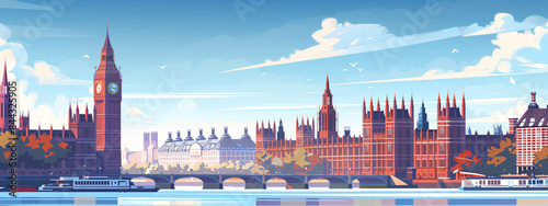 Colorful digital art illustration of vibrant london skyline with iconic buildings. Including big ben and westminster palace. Along the thames river photo
