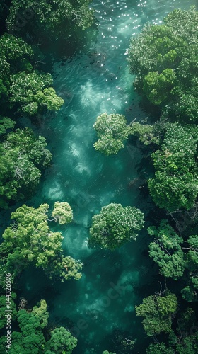 A lush green forest with a river running through it