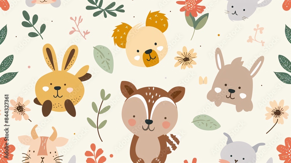 A colorful pattern of animals including a rabbit, a dog, a cat, a bear