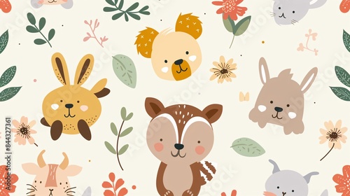 A colorful pattern of animals including a rabbit, a dog, a cat, a bear