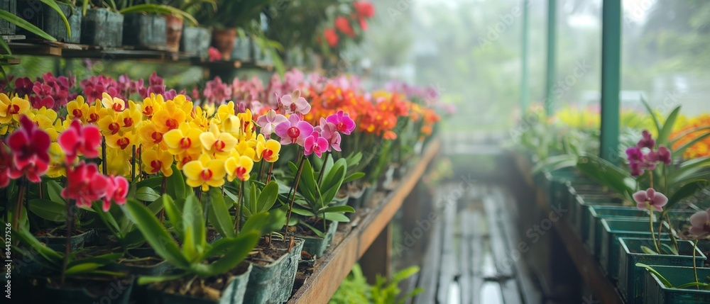 AI generator images of Colorful orchids beside long perspective concrete path farm