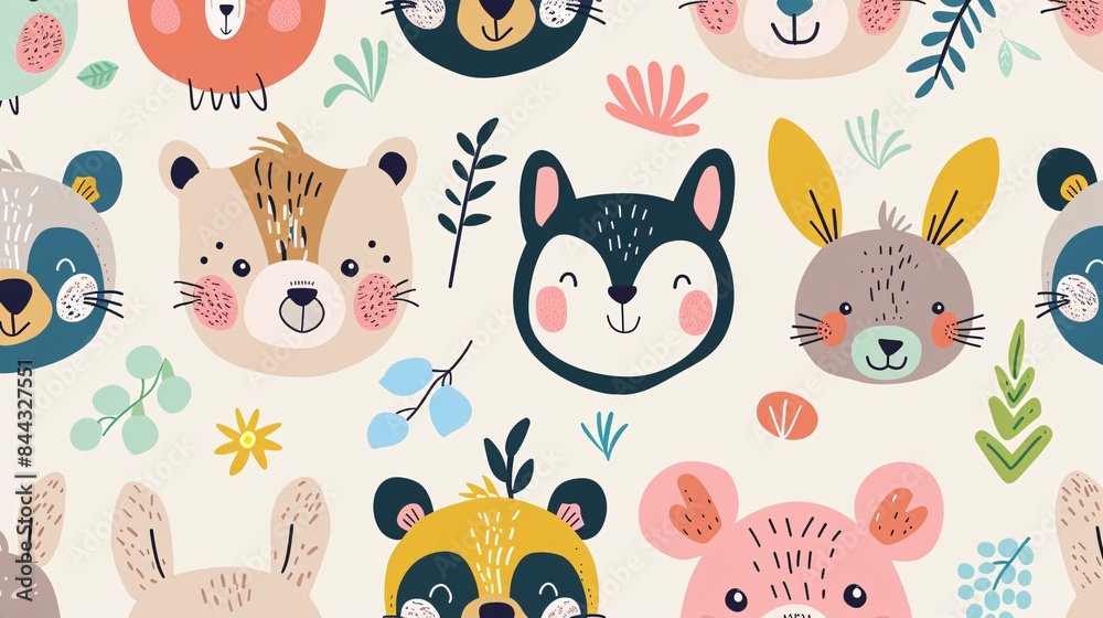 A colorful pattern of animal faces with a green leaf in the middle A colorful pattern of animal faces with a green leaf in the middle