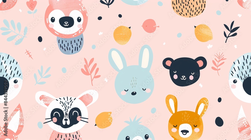 A colorful and cute animal face pattern with a pink background A colorful and cute animal face pattern with a pink background