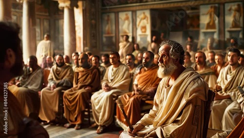 Ancient philosophers speaking to audience in a historical setting photo