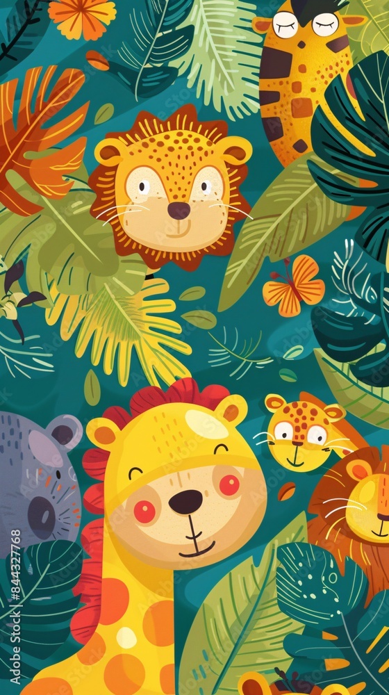 Fototapeta premium A colorful jungle scene with a giraffe wearing a yellow shirt