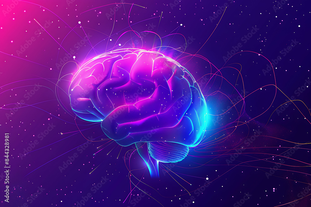 A transparent brain on a purple-blue background with abstract lines, representing intelligence, creativity, and modern technology. A transparent brain on a purple-blue background with abstract lines, representing intelligence, creativity, and modern technology.