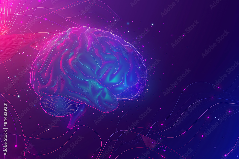 Fototapeta premium A transparent brain on a purple-blue background with abstract lines, representing intelligence, creativity, and modern technology