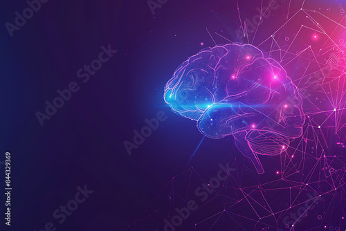 A transparent brain on a purple-blue background with abstract lines, representing intelligence, creativity, and modern technology