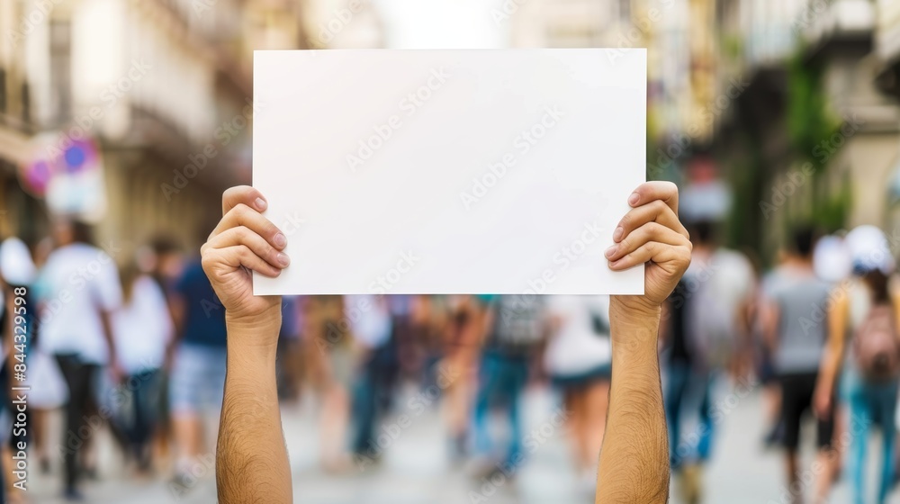 Person holding a blank whiteboard in a busy urban street, surrounded by tall buildings and bustling traffic. Ideal for advertising or city life themes. Person holding a blank whiteboard in a busy urban street, surrounded by tall buildings and bustling traffic. Ideal for advertising or city life themes.