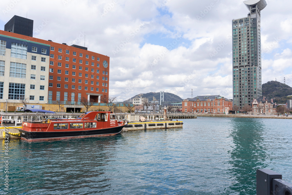 Naklejka premium Landscape view at Mojiko port with blue sky in Kitakyushu, Japan.
