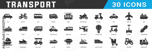 Transport icon design set, Transport flat icons pack, car, bicycle, bus, subway, tram, motorcycle, scooter, taxi, airplane, ship