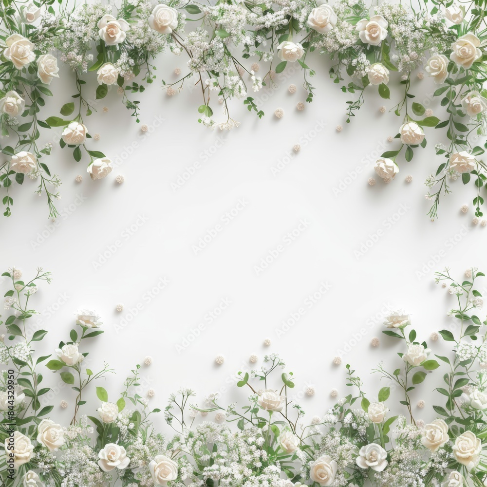 Naklejka premium Beautiful floral border of white roses and greenery surrounding a blank white space, perfect for creating romantic and delicate invitations or frames.