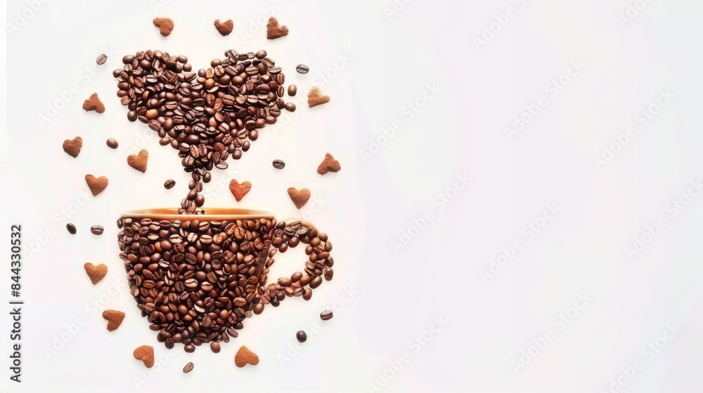 A cup of coffee beans, a heart sign in the shape of a coffee bean. Minimalist concept.