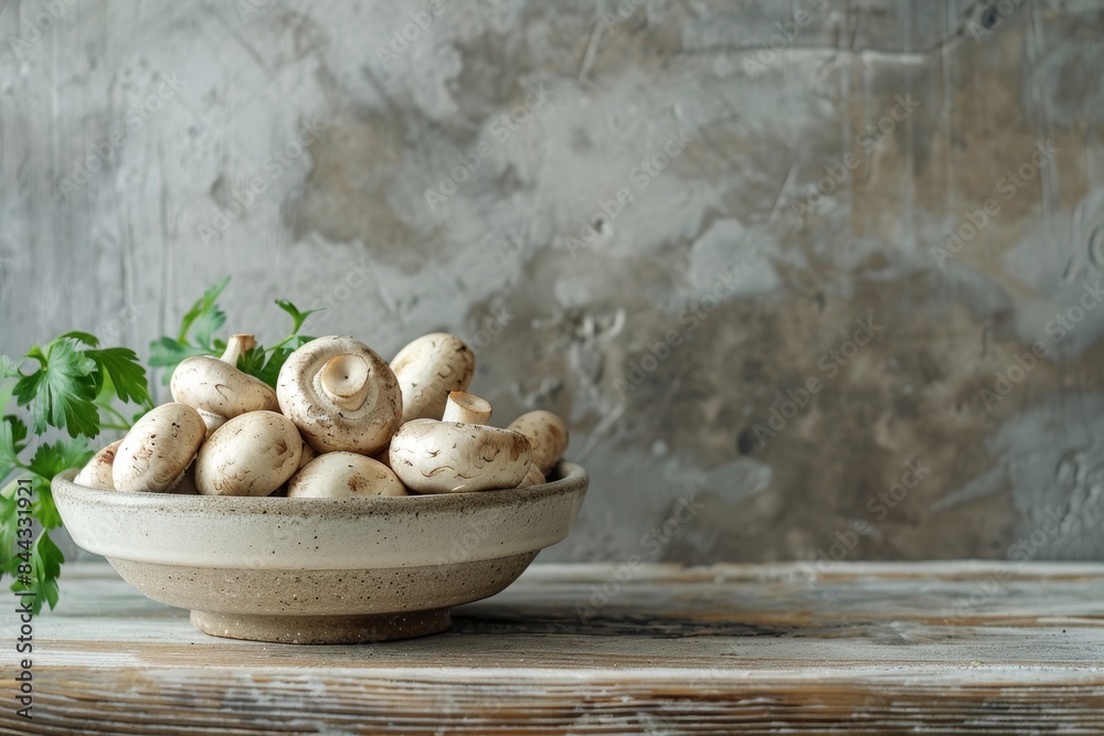 White Button Mushrooms in a Gray Bowl on a Wooden Table White Button Mushrooms in a Gray Bowl on a Wooden Table