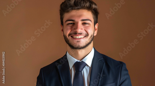 A man dressed in an elegant suit and tie smiles at the camera, adopting a confident and dignified posture. photo