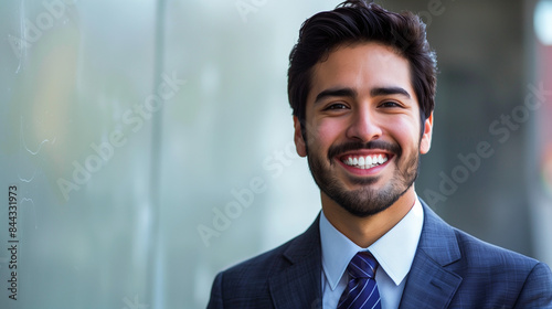 A man dressed in an elegant suit and tie smiles at the camera, adopting a confident and dignified posture. photo