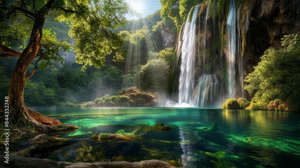 Majestic waterfall cascading into a crystal-clear pool, lush green surroundings, sunlight filtering through trees, digital art, serene and tranquil Majestic waterfall cascading into a crystal-clear pool, lush green surroundings, sunlight filtering through trees, digital art, serene and tranquil