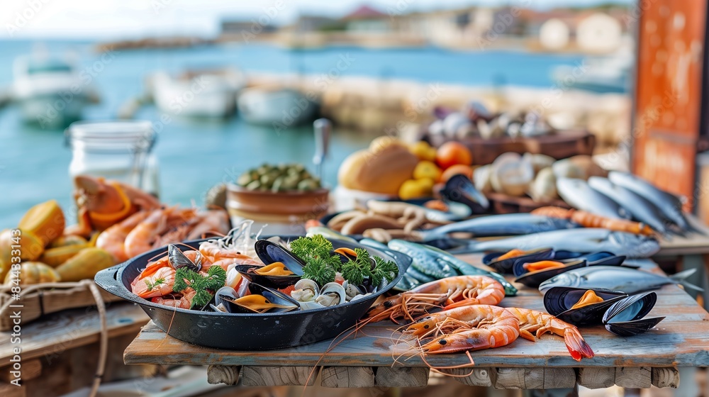 A quaint seaside village hosts a seafood feast with fresh fish, shrimp, and mussels on a rustic table.