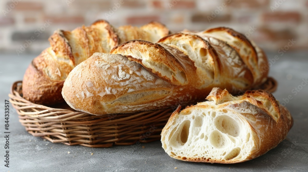 Baguettes: A selection of freshly baked baguettes arranged in a wicker basket. Traditional French bread. Baguettes: A selection of freshly baked baguettes arranged in a wicker basket. Traditional French bread.