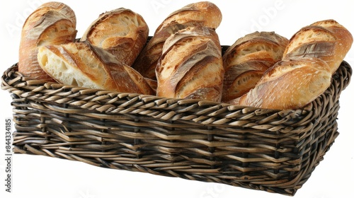 Baguettes: A selection of freshly baked baguettes arranged in a wicker basket. Traditional French bread.