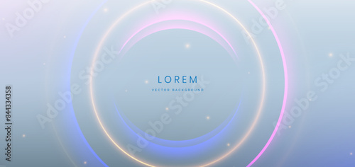 Abstract technology futuristic circles neon glowing blue and pink light lines with speed motion blur effect on grey background.