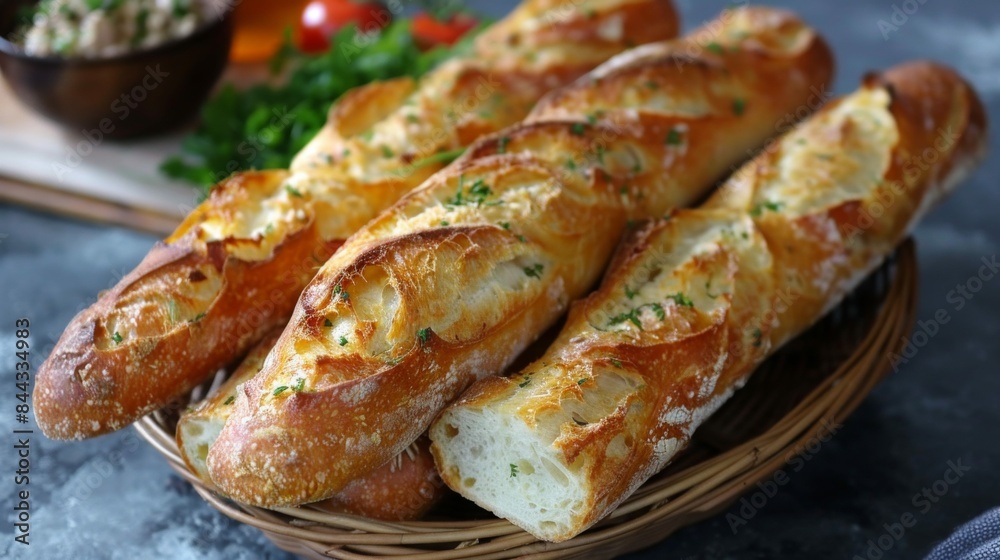 Baguettes: A selection of freshly baked baguettes arranged in a wicker basket. Traditional French bread. Baguettes: A selection of freshly baked baguettes arranged in a wicker basket. Traditional French bread.