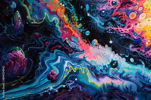 Psychedelic art featuring vibrant colors, abstract patterns, and surreal imagery, creating a mesmerizing and mind-bending visual experience
