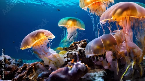 Vibrant jellyfish in deep blue ocean, colorful underwater marine life, sea photography, aquatic wildlife exploration
