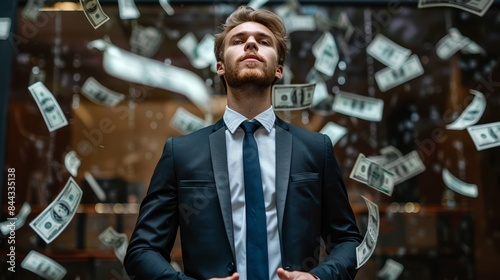 A businessman stands calmly amidst a shower of falling money, symbolizing success and wealth.
