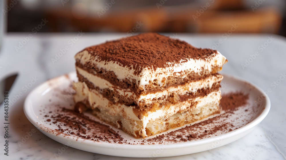 A slice of rich Tiramisu with layers of coffee-soaked ladyfingers, mascarpone cheese, and cocoa powder, served on a white plate A slice of rich Tiramisu with layers of coffee-soaked ladyfingers, mascarpone cheese, and cocoa powder, served on a white plate