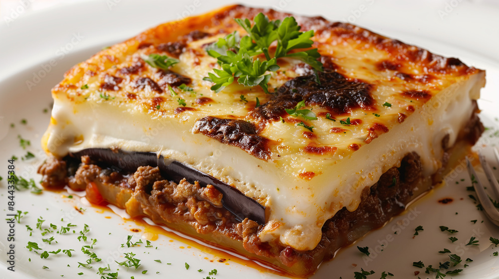 A slice of traditional Moussaka with layers of eggplant, spiced meat, and creamy béchamel sauce, garnished with fresh parsley A slice of traditional Moussaka with layers of eggplant, spiced meat, and creamy béchamel sauce, garnished with fresh parsley