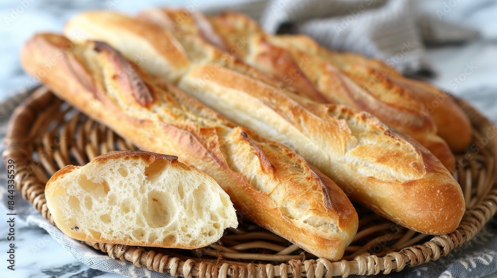 Baguettes: A selection of freshly baked baguettes arranged in a wicker basket. Traditional French bread. Baguettes: A selection of freshly baked baguettes arranged in a wicker basket. Traditional French bread.
