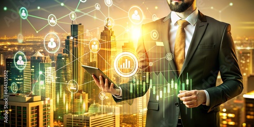 Kommunikation der Zukunft - Anwendungen zur Analyse - Futuristische Display mit digitalen Daten und Analysen - Mann steht vor den Screen und trifft Entscheidungen