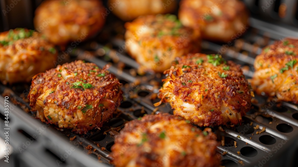 Crab cakes baking in the air fryer, crispy and flavorful while the inside remains tender and moist Crab cakes baking in the air fryer, crispy and flavorful while the inside remains tender and moist