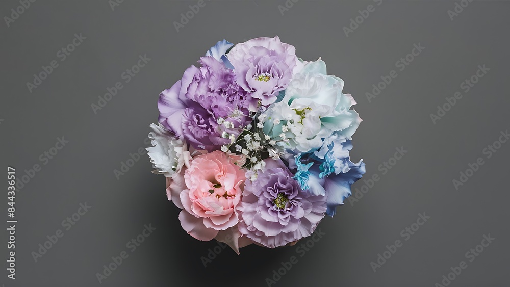 Bouquet of pastel color flowers on gray background top view Bouquet of pastel color flowers on gray background top view