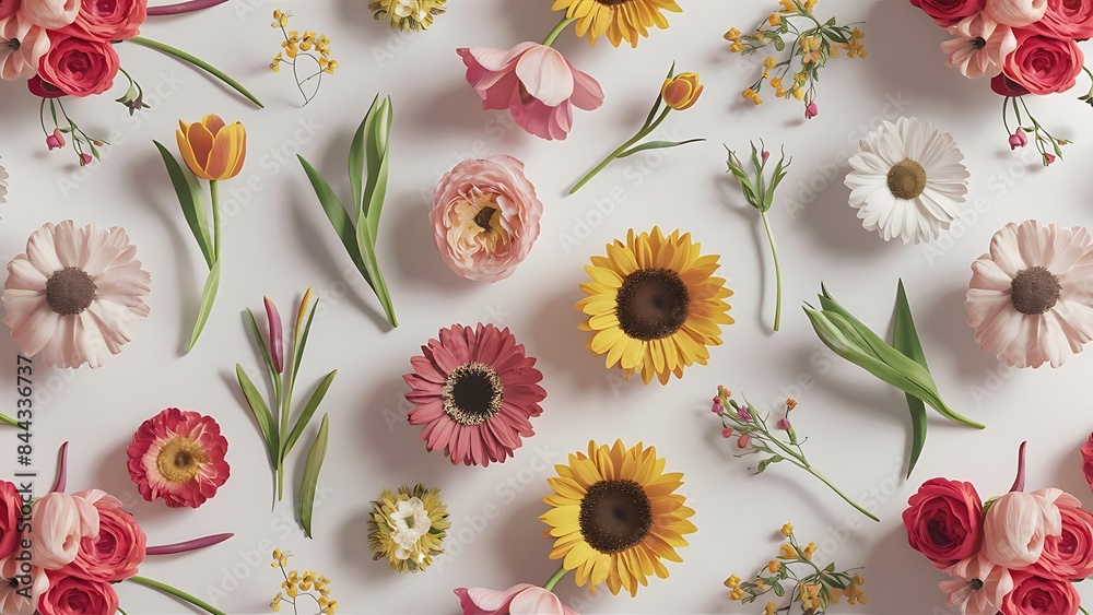 Fototapeta premium Pattern of flowers on white background top view mock up