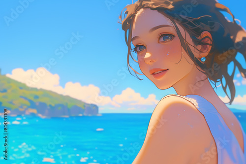 A girl looking forward with joy on her face, captured from a side view, with a background of sky and trees or the ocean, in anime style