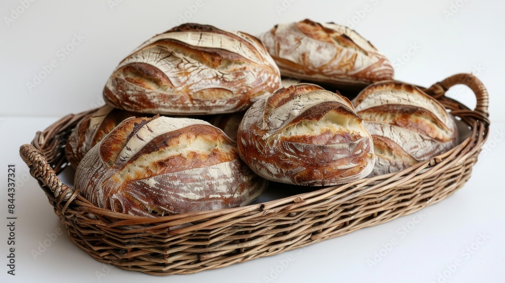 Baguettes: A selection of freshly baked baguettes arranged in a wicker basket. Traditional French bread.
