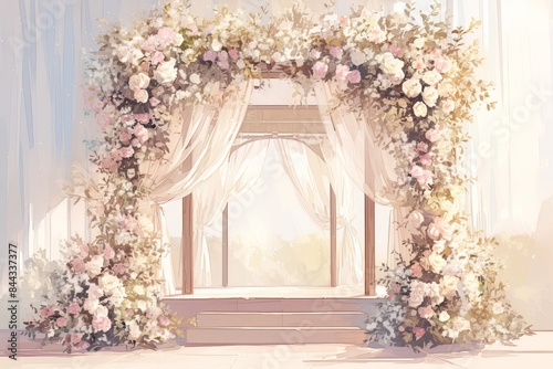 Floral Wedding Archway with White Curtains © ibhonk