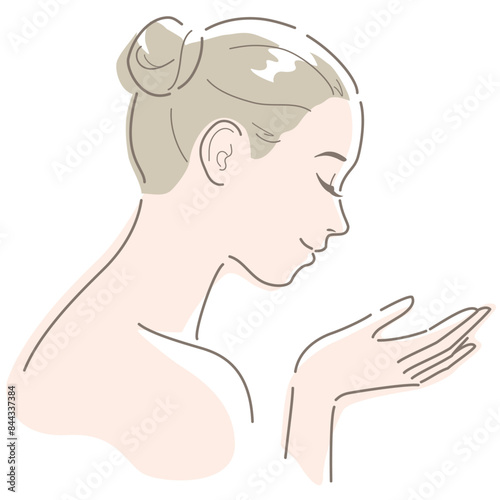 Young woman holding hand with empty space, closed eyes and smile. Vector illustration in line drawing, isolated on white background.
