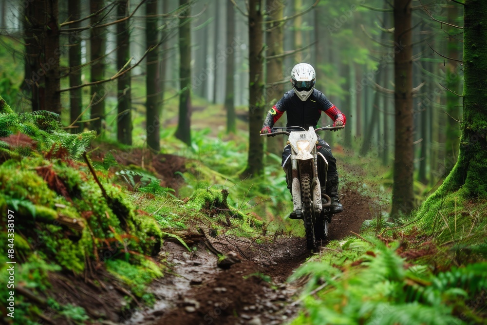 A rider navigating through a forest trail on a motocross bike A rider navigating through a forest trail on a motocross bike