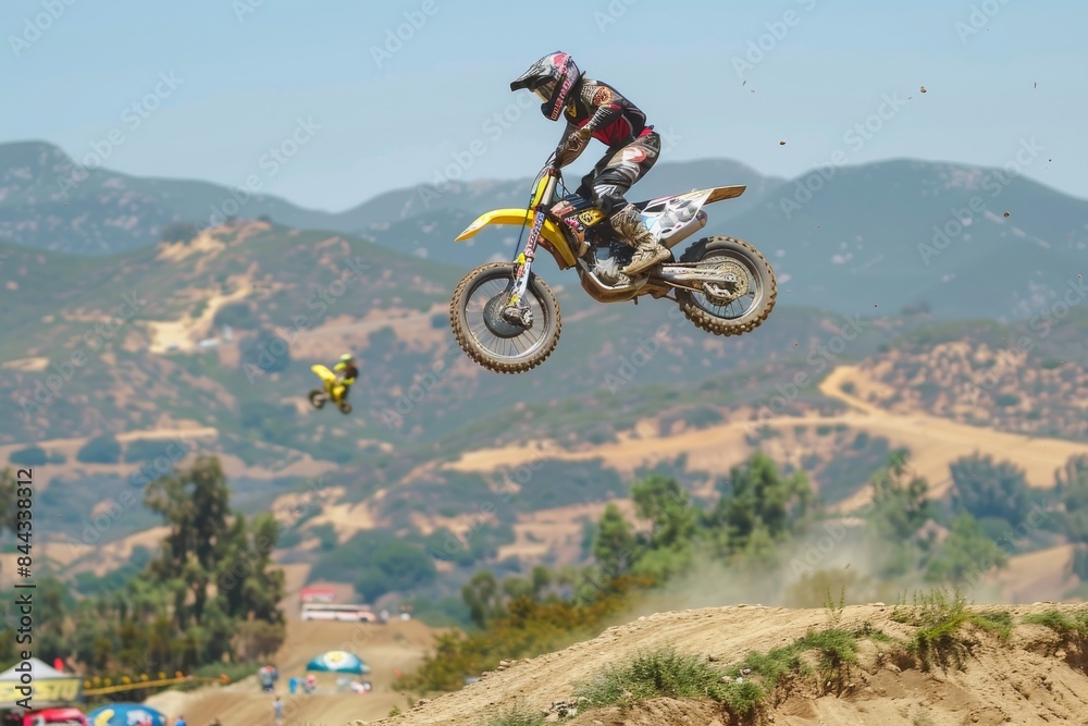 A rider performing a no-hands jump during a motocross freestyle event A rider performing a no-hands jump during a motocross freestyle event