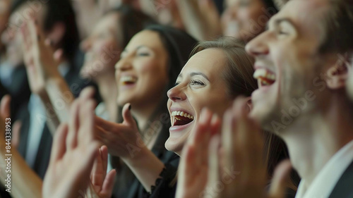 A close-up image capturing the genuine excitement and joy on the faces of businesspeople as they cheer and clap during a motivational workshop. Ai generated