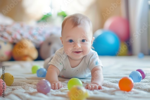 A bright-eyed baby crawls among colorful toys on a soft knitted blanket, capturing a moment of exploration and play
