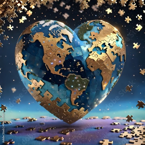 3d render of  heart shaped world atlas planet made of jigsaw puzzle pieces