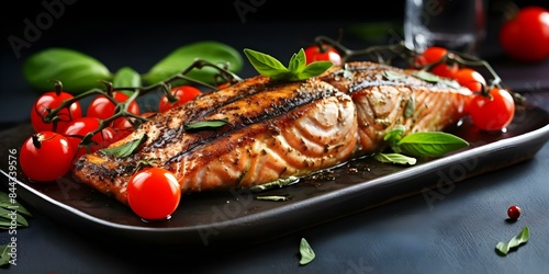 Grilled Salmon with Zesty Lime, Crispy Asparagus, and Cherry Tomatoes. Concept Healthy Cooking, Seafood Recipes, Side Dishes, Fresh Ingredients, Quick Meals