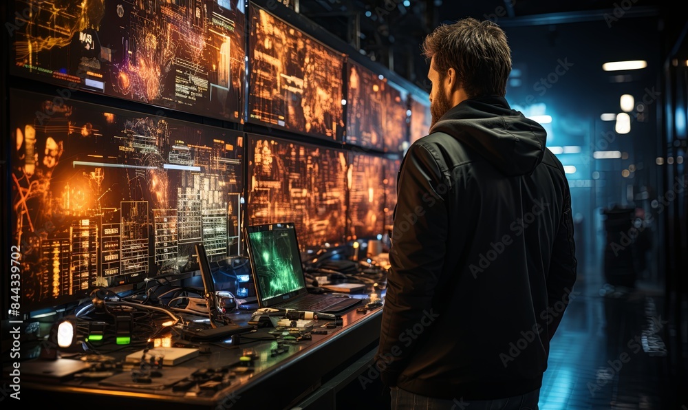 Man Standing in Front of Wall of Computers Man Standing in Front of Wall of Computers