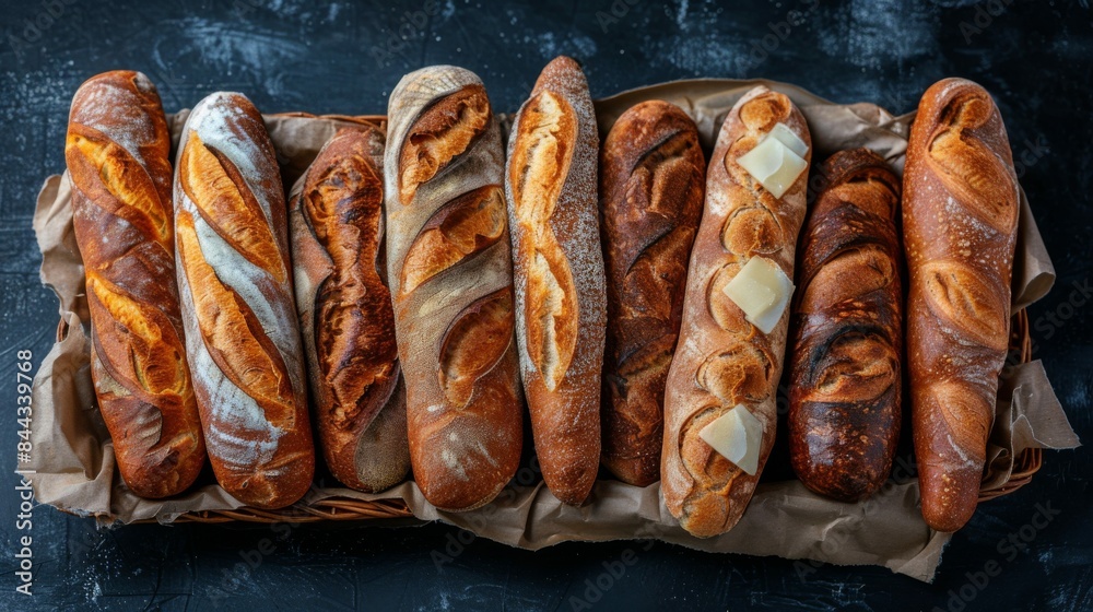 Baguettes: A selection of freshly baked baguettes arranged in a wicker basket. Traditional French bread. Baguettes: A selection of freshly baked baguettes arranged in a wicker basket. Traditional French bread.
